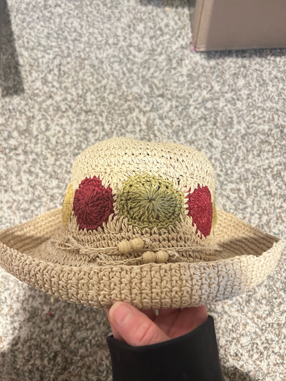 Women’s Straw Sun Hat with Red and Green Crochet Accents